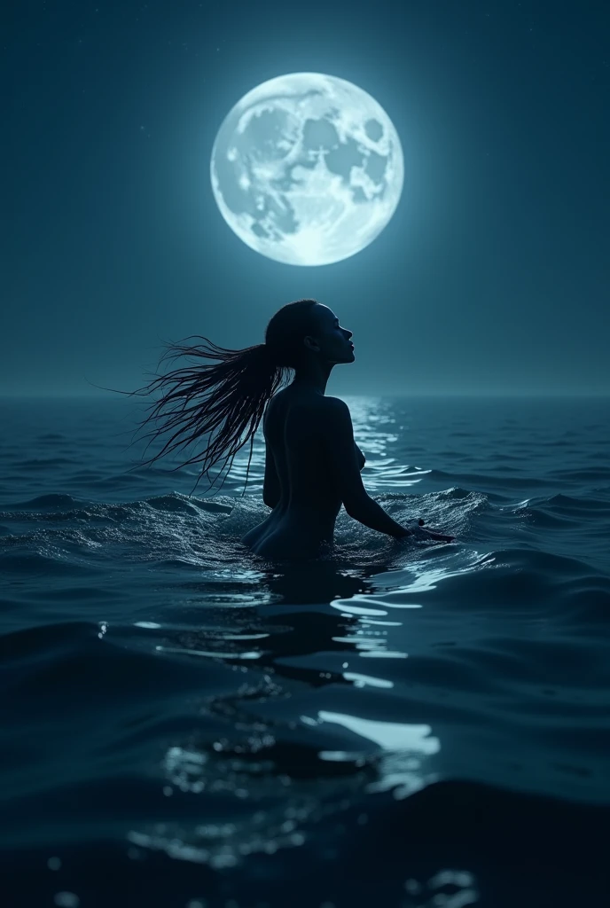 A mermaid sitting on a rock that stands in the sea of the night sky