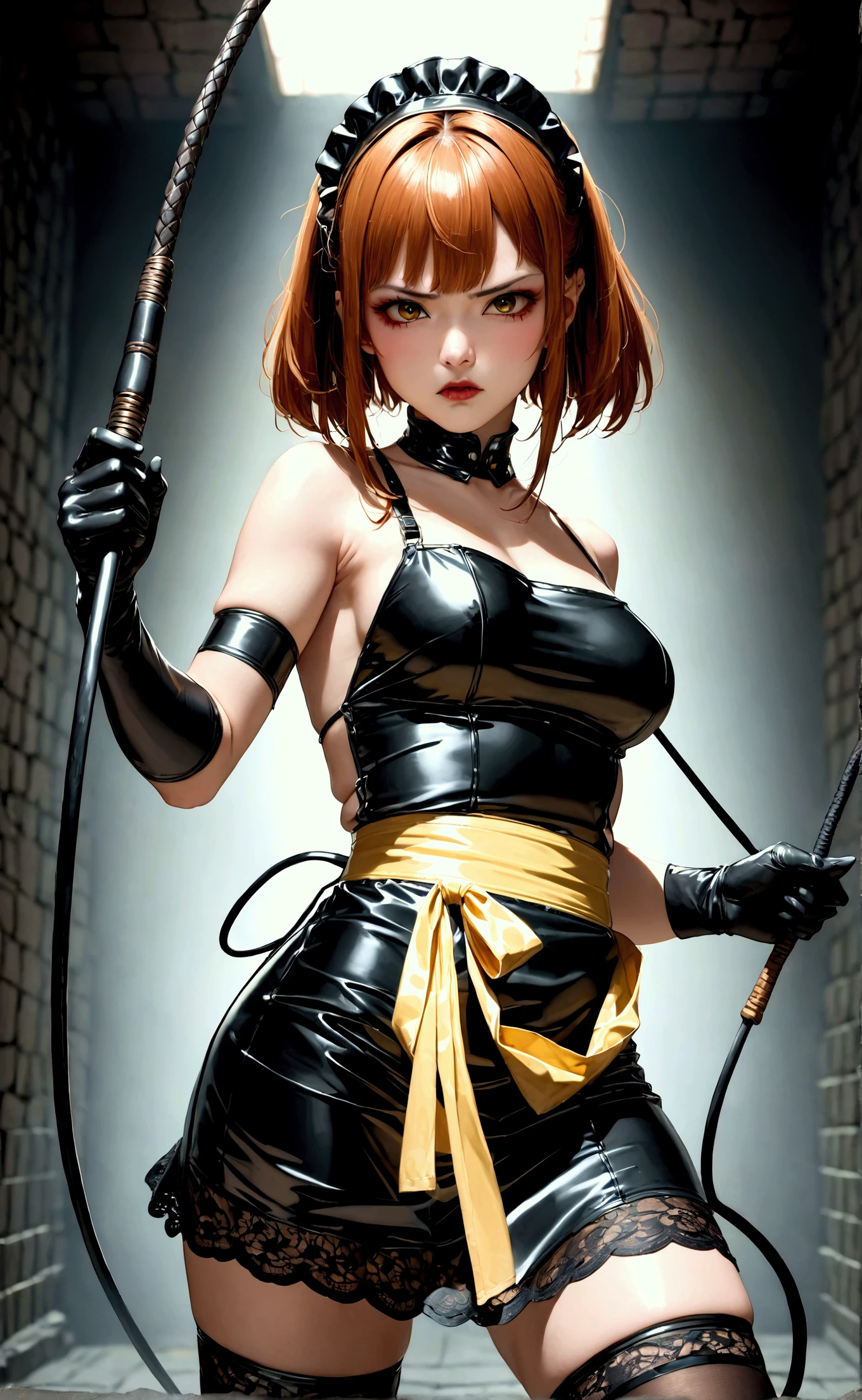 Natural redhead woman walking bewitchingly towards camera, Full Body Pose,, resent, half-opened mouth,Holding a sword in both hands、Swinging a sword,Stylish updated hairstyles, hair in bun, Straight hair, Pretty Face, face perfect, Thunderstorm in the background, Destroyed otherworldly palace, Flame and thunder, Facial features are、Aya Yamamoto and Marina Matsui、It is a mix of Asuka Saito and Mao Akiyama, petite body, The photo looks like it was taken with a Sony A7 III, Professional Photographer, dark ambiance, Edge lighting, Cinematic, candles, witchcraft, Full body portrait, Hyper realistic, Beautiful face, 8K, Full body portrait, Elegant, Natural lighting, Sharp Focus, Very detailed face, bright and smooth bright skin, Beautiful face, Smiling, Happy, 64k uhd, nffsw, Beautiful soft skin, 50 millimeters, low illuminance, dark and mysterious atmosphere, Vivid skin, Photorealism,Exposed underwear,Chest exposed,Shiny black leather outfit,You can see the shape of the,Skinny Legs,