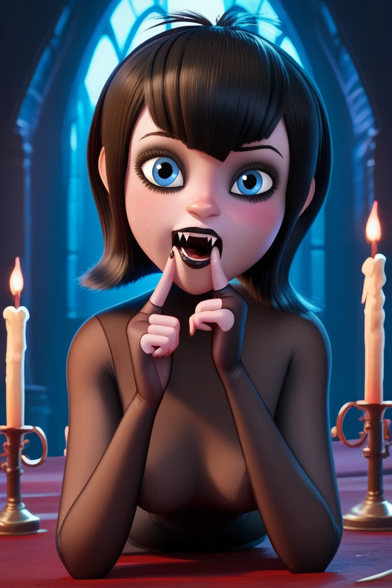 m_d, 1girl, vampire, black hair, blue eyes, goth makeup, nude, see through, transparent, thin body stocking, dark Castle, candles, coffin, looking at viewer, sexy pose, sweat, blushing, left finger in mouth, front view, high heels, score_9, score_8_up, score_7_up,