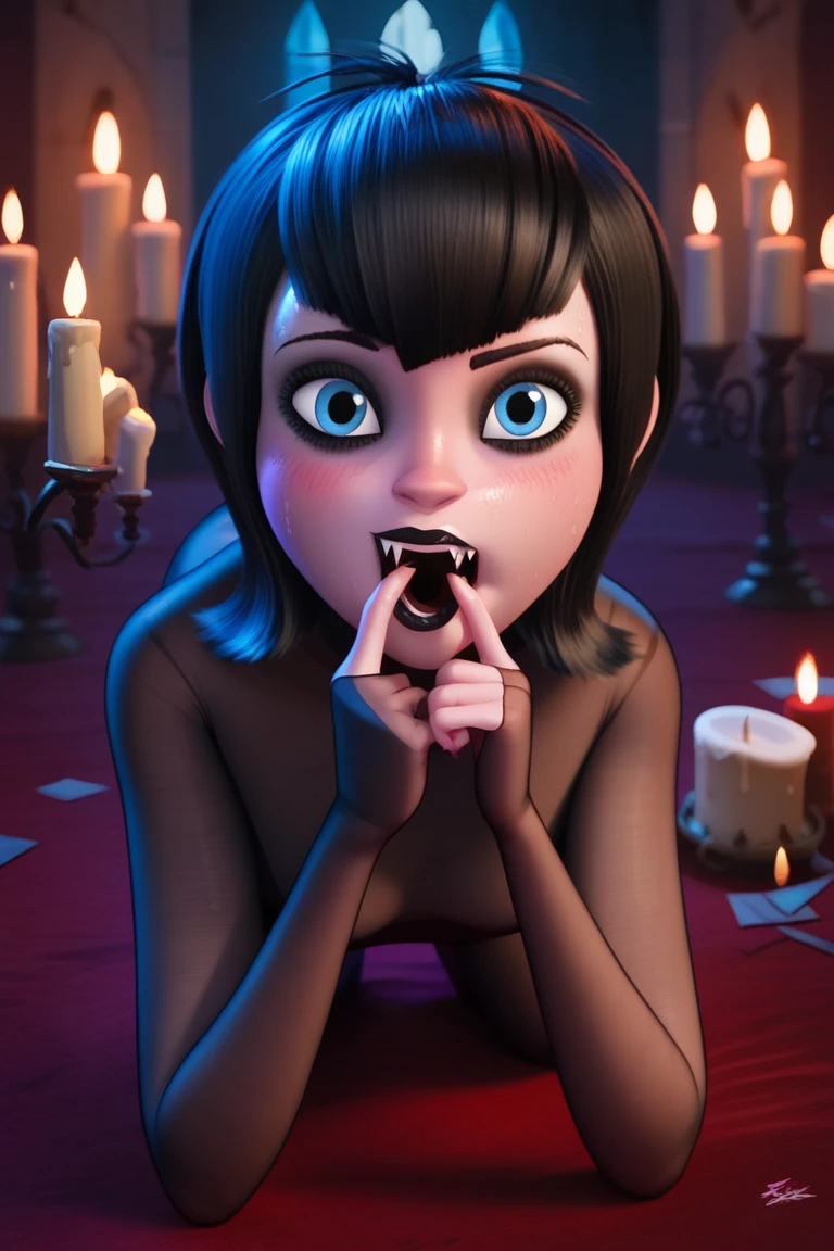 m_d, 1girl, vampire, black hair, blue eyes, goth makeup, nude, see through, transparent, thin body stocking, dark Castle, candles, coffin, looking at viewer, sexy pose, sweat, blushing, left finger in mouth, front view, high heels, score_9, score_8_up, score_7_up,