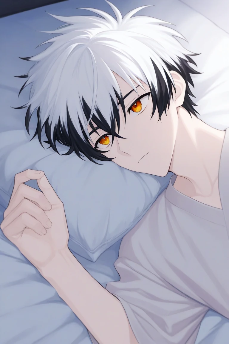 Anime boy, white hair with black tips, amber eyes, looks ahead while lying on a bed  