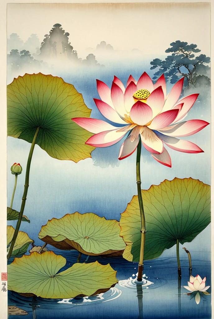  walnut lotus 
watercolour, in the style of Ohara Koson , thinly , exquisitely,  In detail, airy