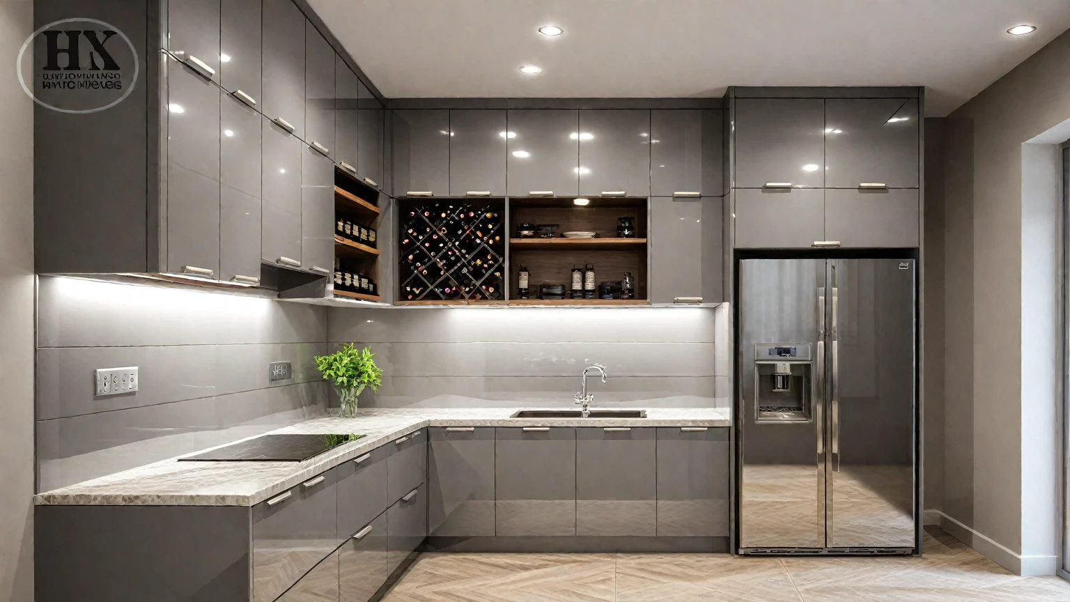 (RAW photo, masterpiece, best quality,ultra-detailed, extremely delicate and beautiful, highresolution, best shadow:1.1), ((  grey glossy cabinet : 1.7 )) ,( Kitchen and dinning : 1.3 ) tv cabinet, reflective floor, (white and BEIGE wall), grey wall accent, wine racks, wooden ceiling fan, white ceiling, plant and flower, interior lighting, realistic lighting