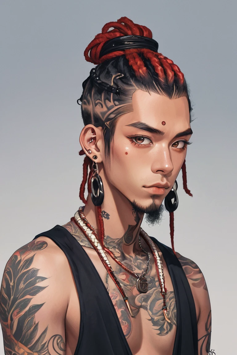 A portrait of semi realistic anime man who is half black half Japanese with sandy red dreads tied in a bun in a half up half down hairstyle. He has snakebite piercings and a septum piercing, his eyes are hazel brown. He is a male 