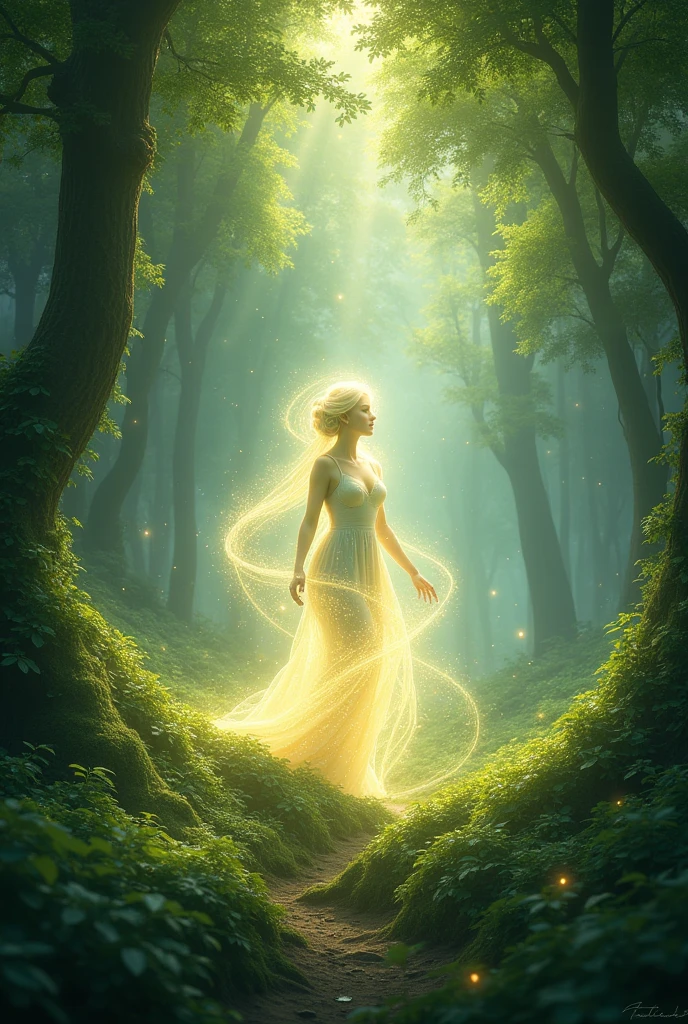 A magical floating voice on a green background
