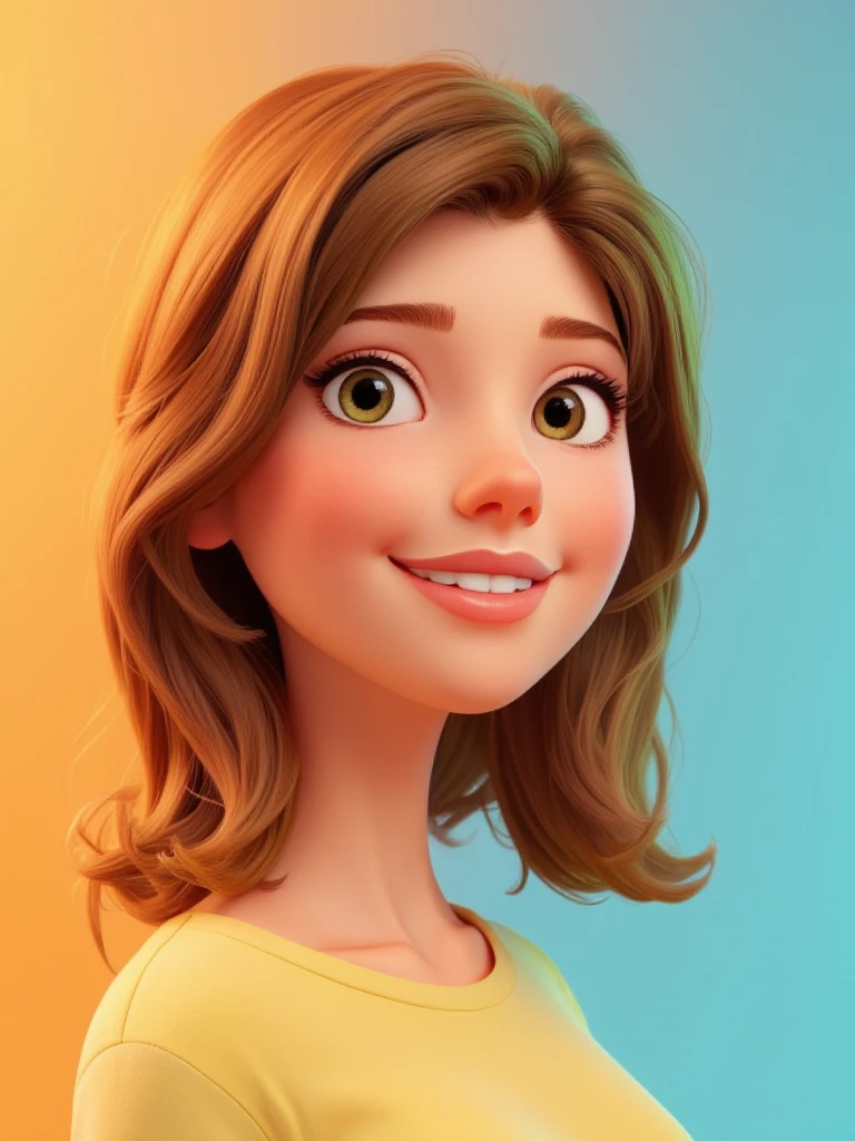 3D cartoon, woman, upper body, medoum hair, wearing a tshirt, 3d cartoon render, UHD, plain background.