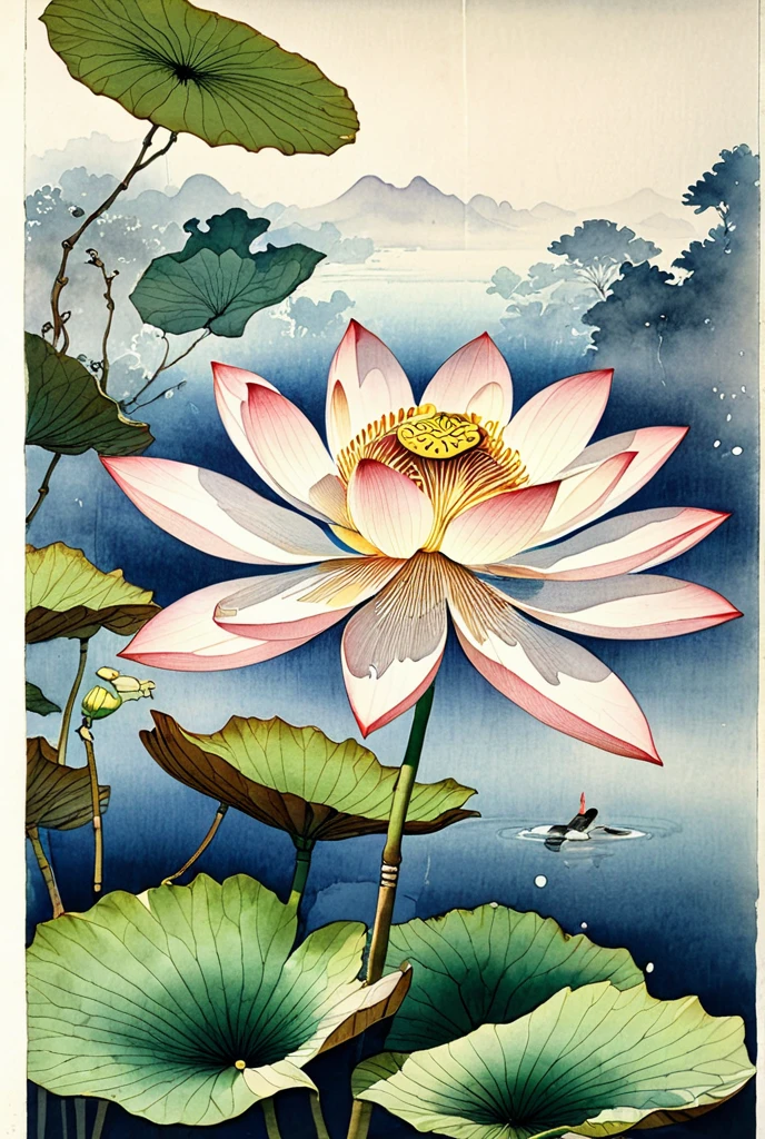  walnut lotus 
watercolour, in the style of Ohara Koson , thinly , exquisitely,  In detail, airy