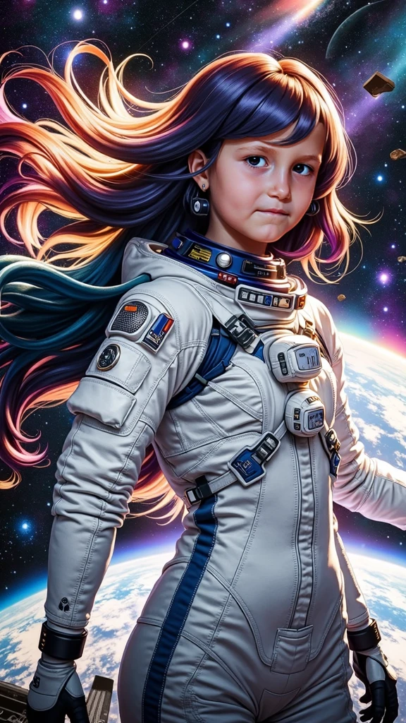 ( top quality , masterpiece, Colorful , dynamic angle , The most detailed) upper body shot , fashion photography of cute astronaut girl with long iridiscent Colorful hair, in space sunlight , passing through hair , (beautiful galaxy background ), ( official space art)