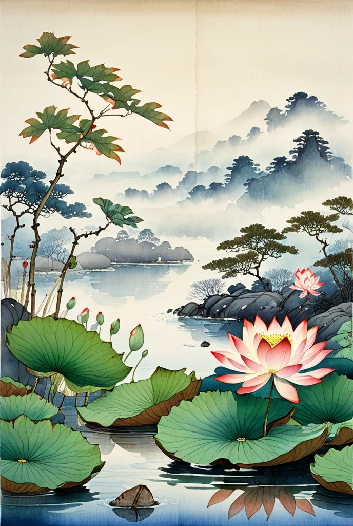  walnut lotus 
watercolour, in the style of Ohara Koson , thinly , exquisitely,  In detail, airy