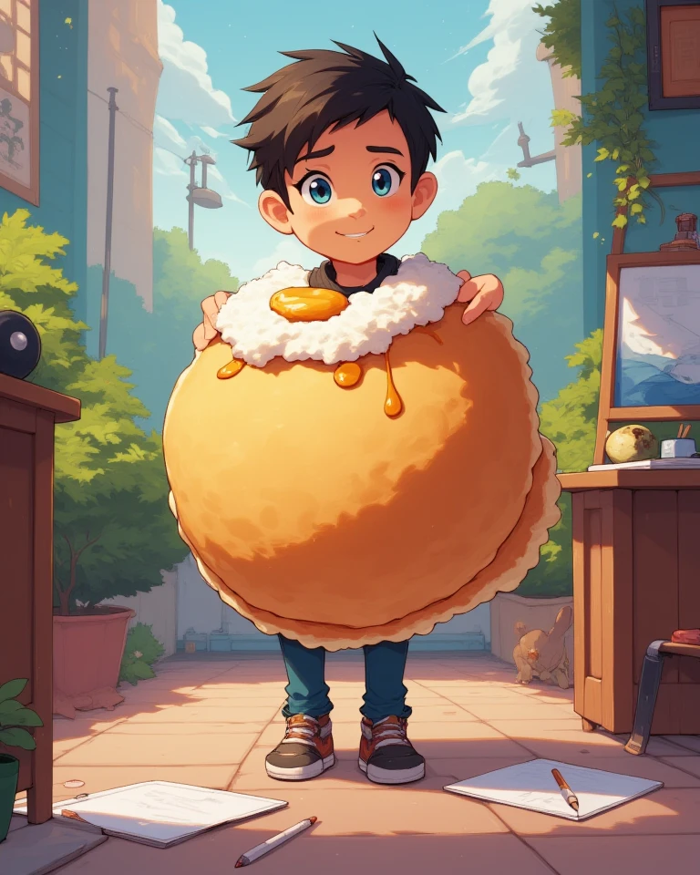 Male animator dressed as a pancake with cottage cheese 