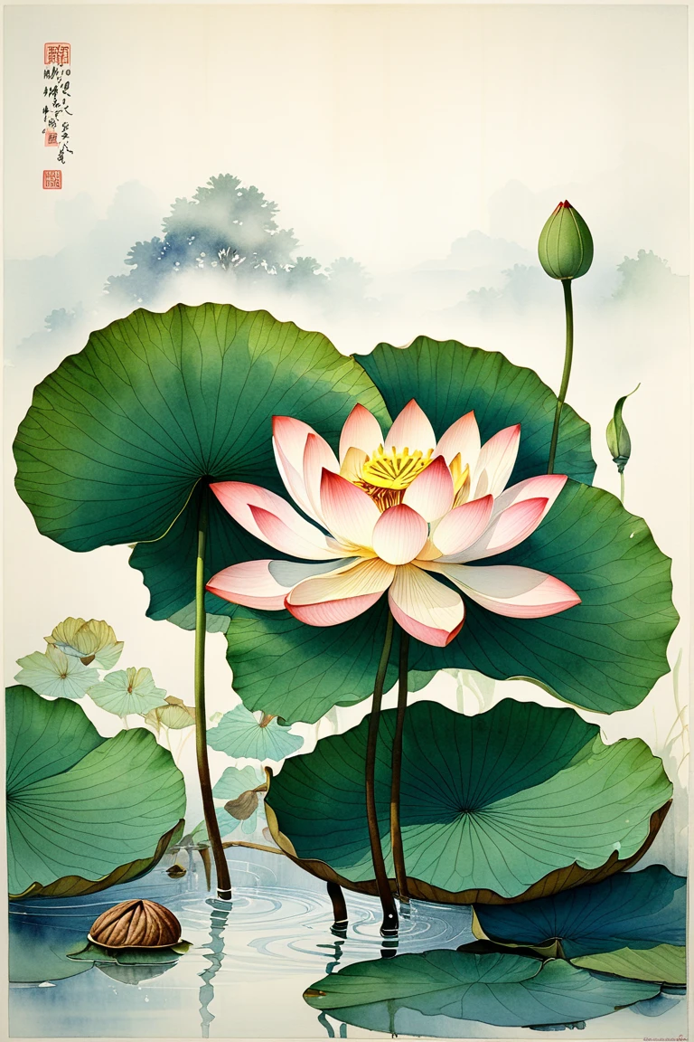  walnut lotus 
watercolour, in the style of Ohara Koson , thinly , exquisitely,  In detail, airy