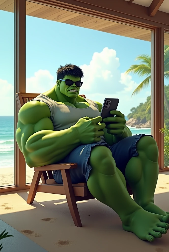Hulk smiled, sitting on a building top, listening music with headset