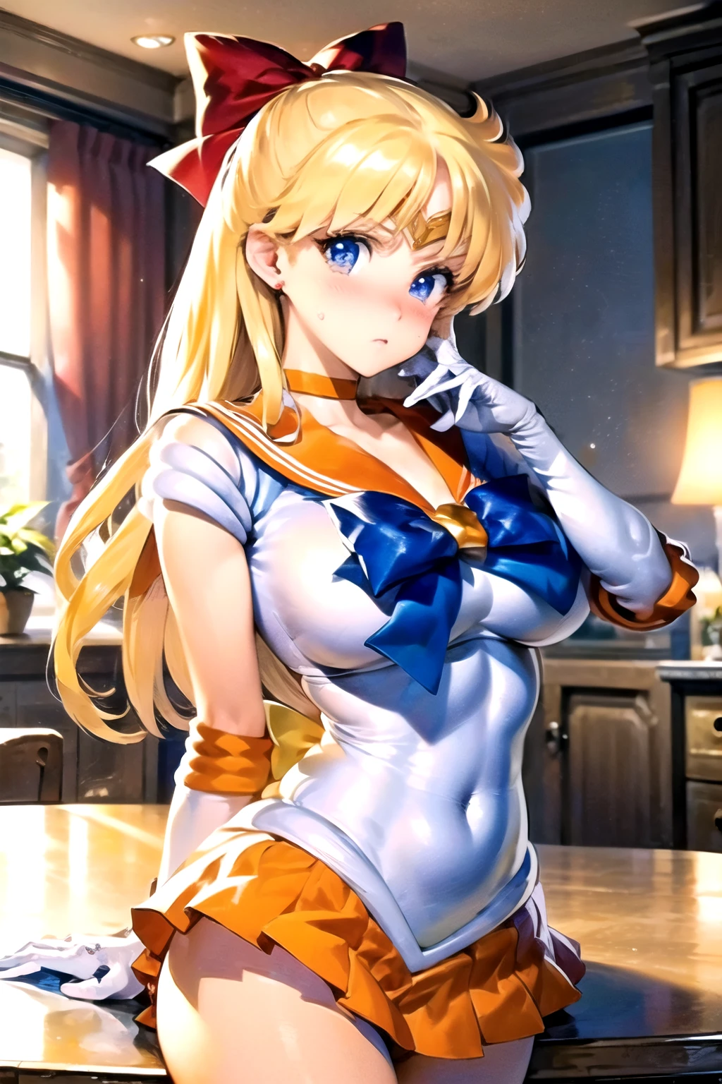 score_9,score_8_up,score_7_up,score_6_up, ((masterpiece)), ((best quality)), (ultra-detailed), ((extremely detailed)), 4K, (8K), best quality, seen from behind, (((orange Sailor Venus))), (High quality fabric), looking back, lift, spread ass, showing white leotard panty, ((raised butt)), (((((blushing face))))), (((((blush))))), (((((shy))))), slightly scornful eyes