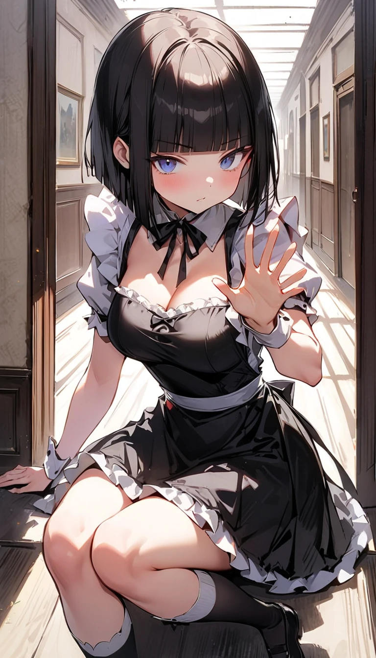 ((masterpiece:1.4、highest quality:1.2))、1 girl、solo focus、delicate face、Highly detailed anime faces and eyes、(conversion sequence)、Slender Beautiful Girl,black hair,short hair,Bob Heyer,bob cut,straight hair,((Blue right eye,red left eye),(odd eye,Eyes of different colors on the left and right))cat eyes,Black cat ears,Nekomimi,cat tail,Bad mood,small breasts,China Maid,frills