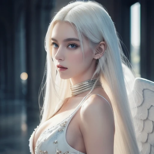 Masterpiece,  best quality , ( solo focus ), ( perfect face:1.1), ( high detail:1.1),dramatic, (an alluring albino angel guy with long flowing pure white hair and piercing White Eyes),1 person, ( blue-white skin),  long hair, White Eyes,  Alone,  long hair, moon,   knight ,  White Luxury Suit ,  covered  navel,  plump lips ,  covered , Futuristic city,  detailed background, Art by artgerm　 cinematic writing , Roses and vines, fashion, Balenciaga style