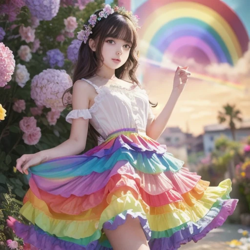 Masterpiece,  best quality , 1 girl,Gosgal,frilly dress 8k, High Resolution , ( flower_Styler:1.2)( Rainbow Candy:1.2)