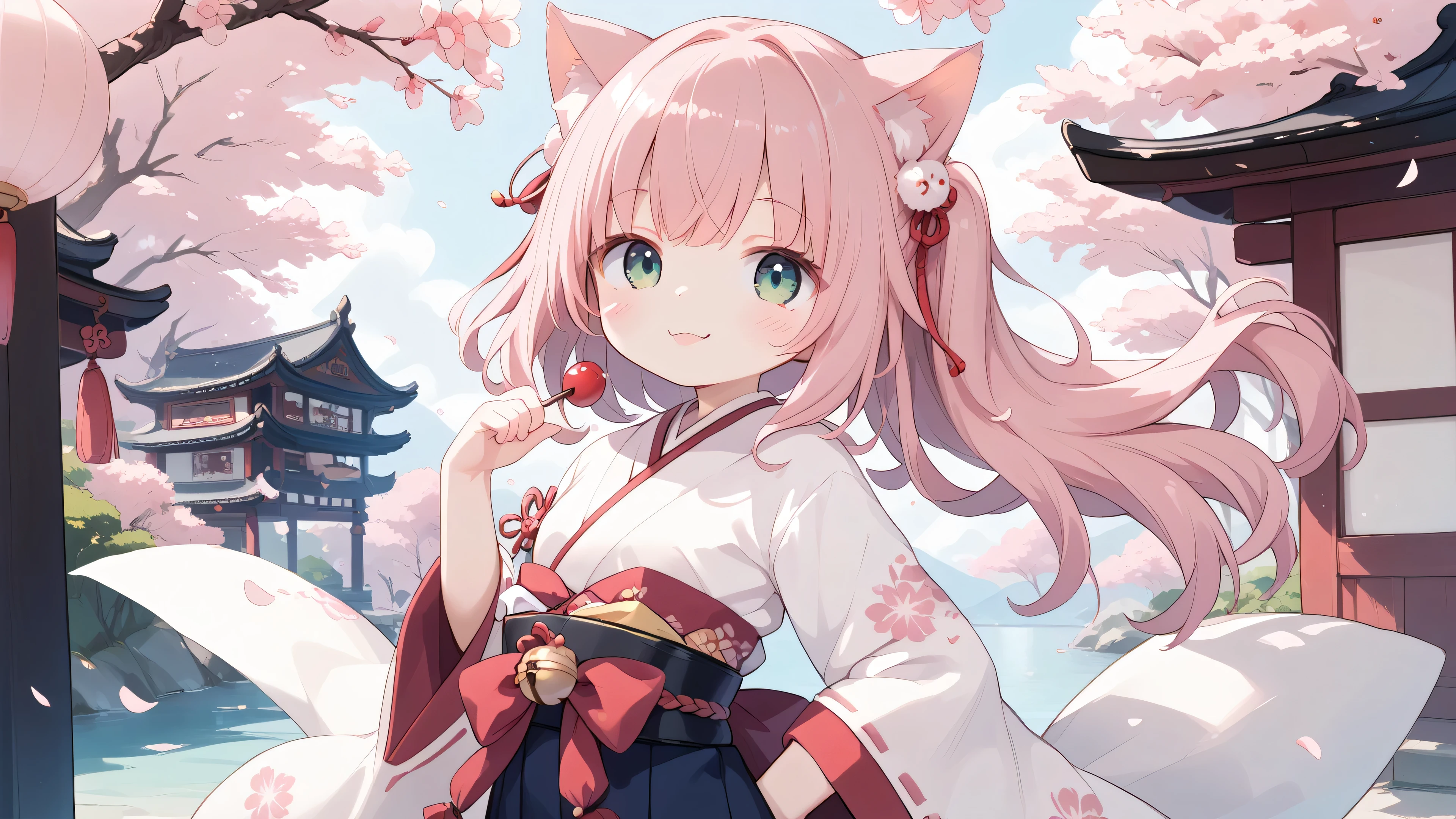 cherry blossom background and cute cat girl in Tet party clothes on Tet party