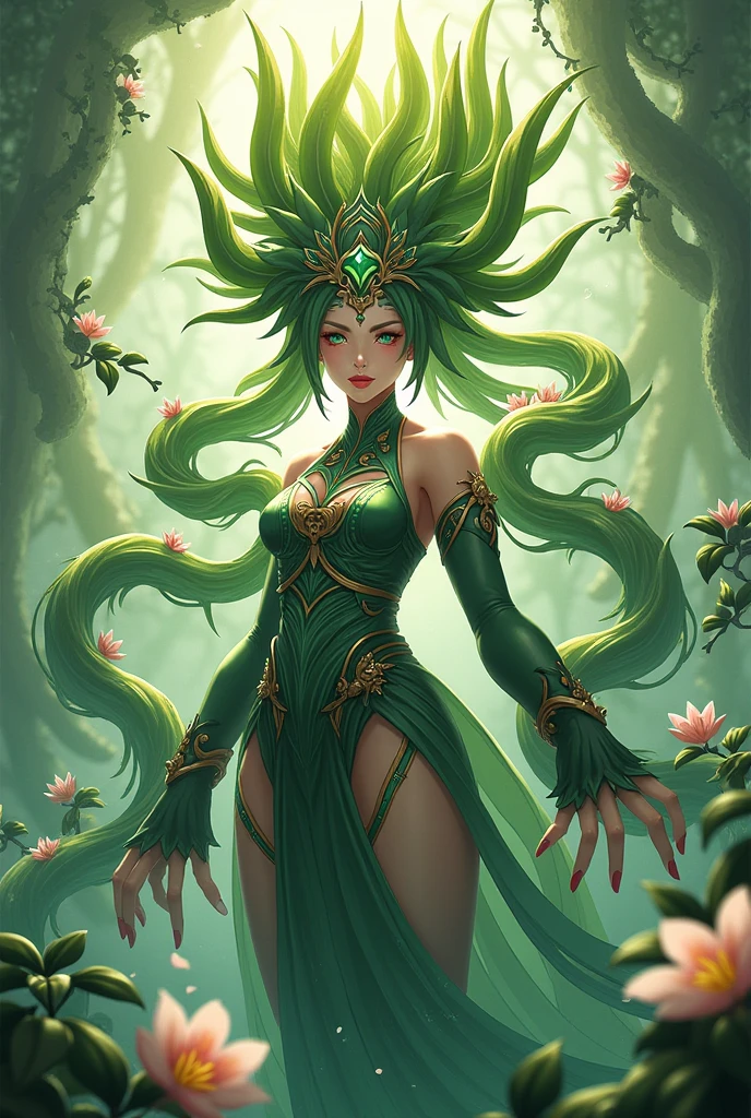 divine beautiful dlyad girl, long green hair, large breasts, personified, fantasy, excellent lighting, excellent anatomy, leaves, weeds, sprouts, trees, soil, ethereality, fantasy card game frame, psychedelic, psychedelic delusion, 2d Gauche hand drawn painting, masterpiece 