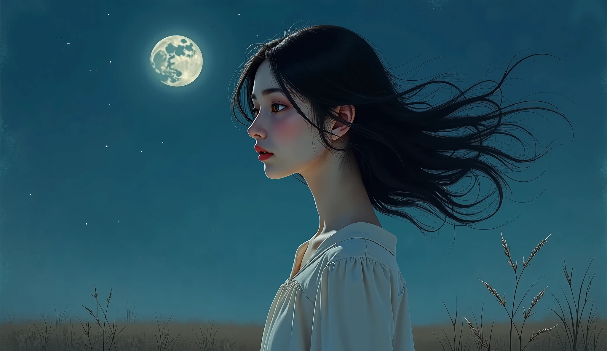 ((best quality)), ((masterpiece)), (detailed), A digital illustration of a long black haired teenage girl entering a opened door inside a dark mansion, with a full moon in the background and ominous trees surrounding the house. The girl is wearing a plain white t-shirt and blue jeans, with a look of fear on her face.