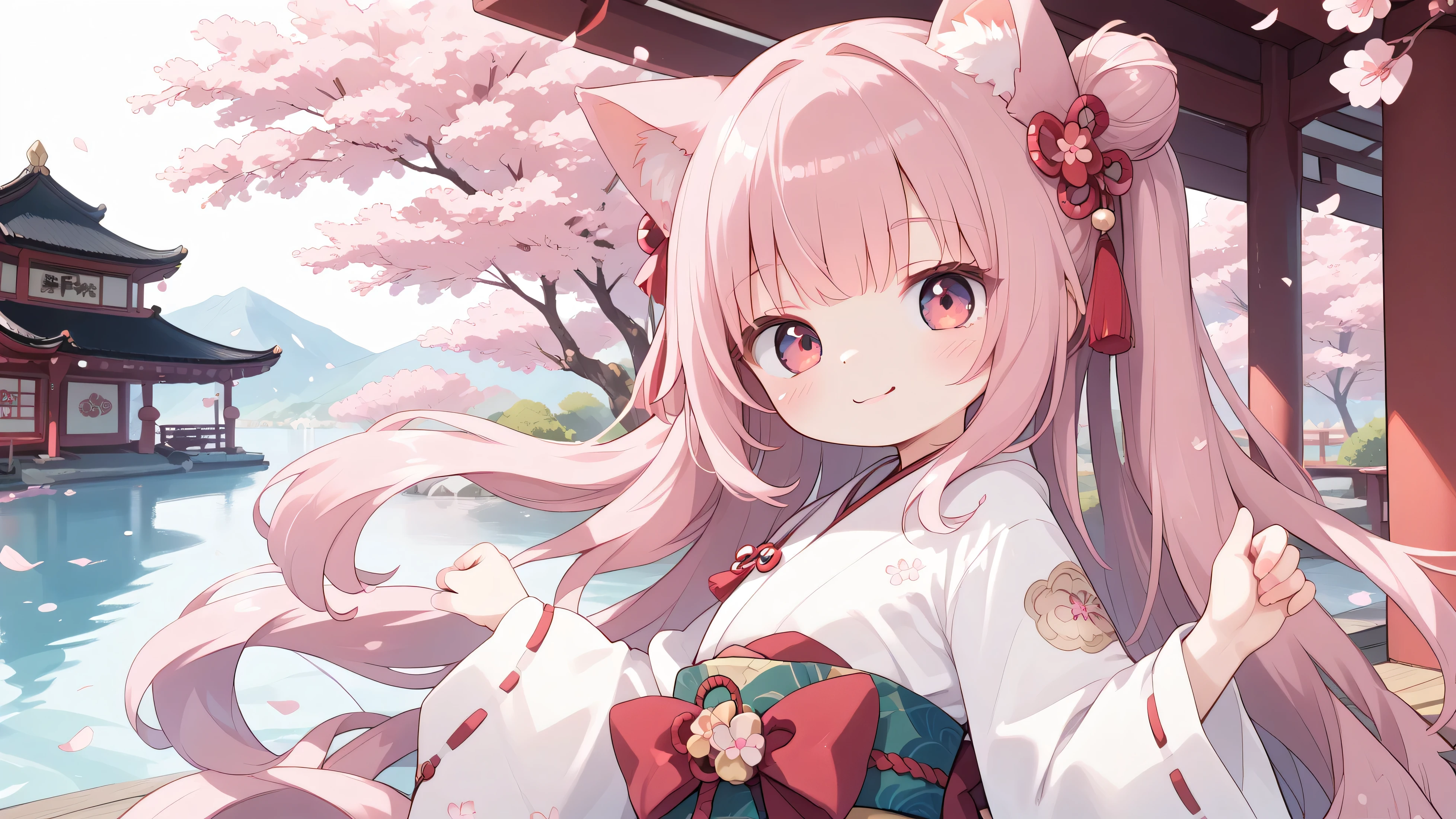 cherry blossom background and cute cat girl in Tet party clothes