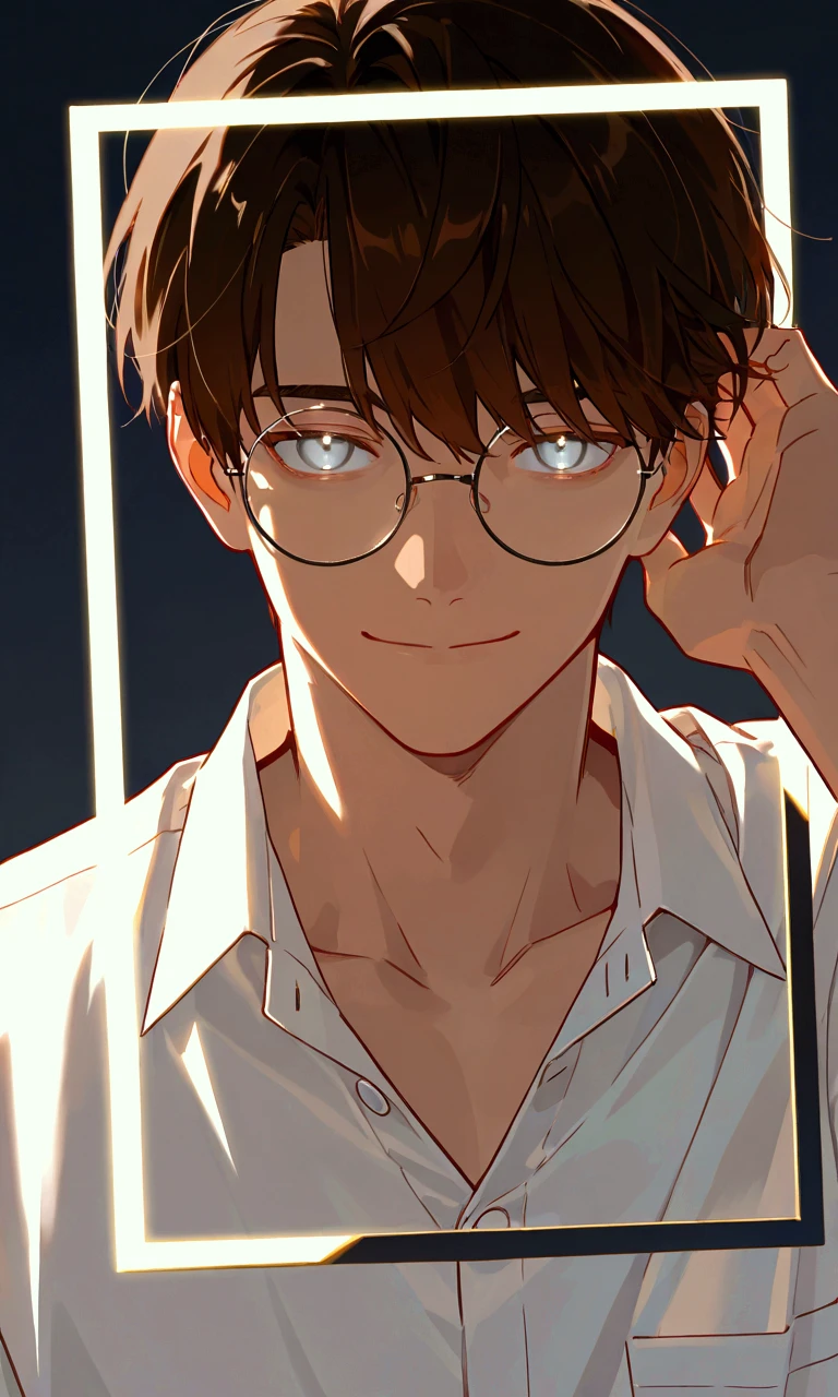 super detail, 1 man, handsome man, Delicate line drawing, white buttoned shirt, brown hair, shortcuts , Background Blur, smile, hand in own hair, wearing oval glasses with a lightweight plastic frame, gray eyes, glowing eyes.