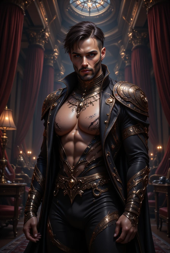 Esqueleto masculino dark sinistro, cenario dark, roupas dark, olhos azuis, Featured skull