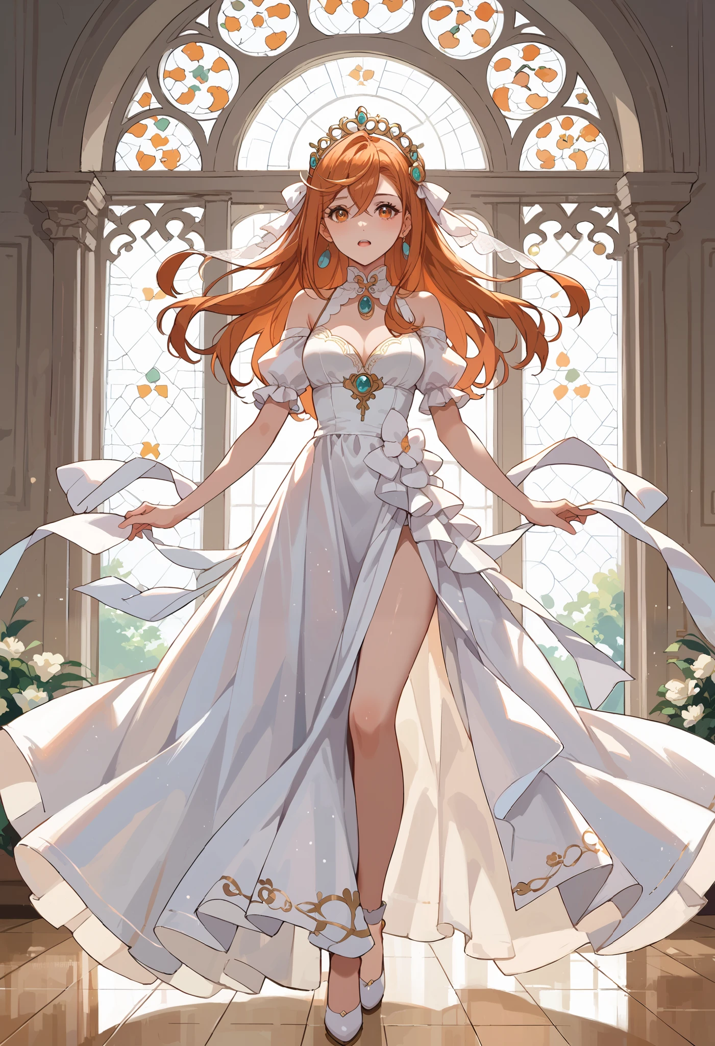rape, Momose Momo, cute instagram pose, a kind-hearted healer with flowing ginger hair, warm amber eyes, and a curvaceous figure, wearing a white flowing dress with golden accents. full body, serene and radiant pose exuding compassion and strength, soft heavenly lighting, perfect anatomy, intricate dress and body detailing, loud onomatopoeic speech, full-length front view