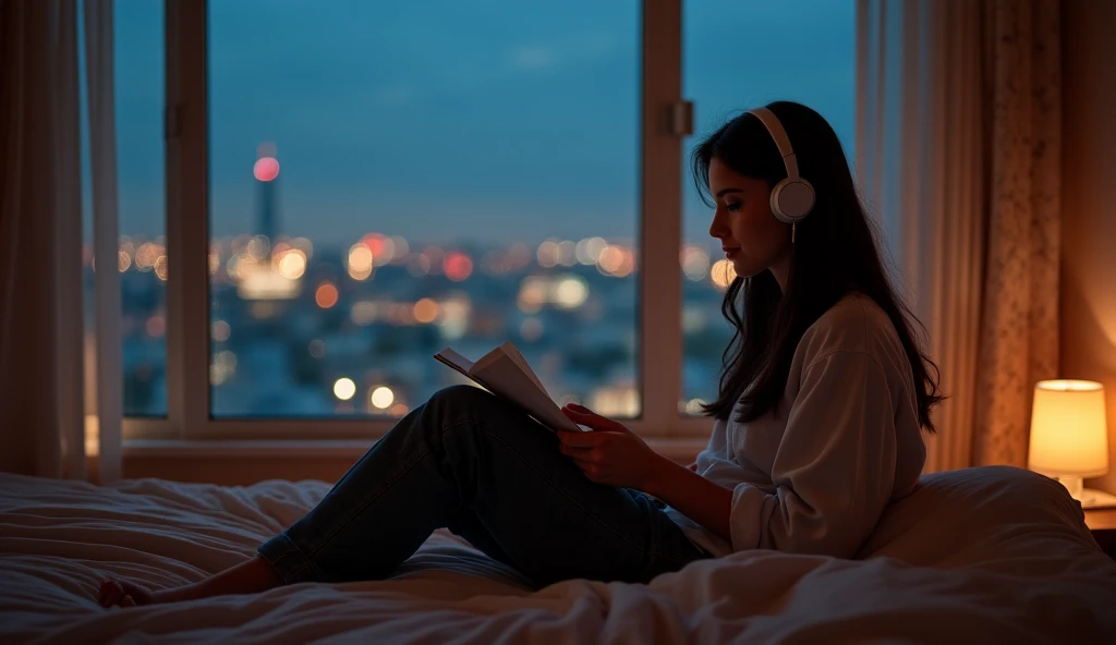 A young girl sits comfortably in her room, wearing futuristic headphones and reading a book while listening to music. Outside the window, heavy rain is falling, creating a peaceful and serene atmosphere. The room's details show modern furniture and futuristic decor with soft lighting. This image should be a masterpiece in 8K resolution, capturing every detail vividly and clearly. blue hair. pink headphone.

