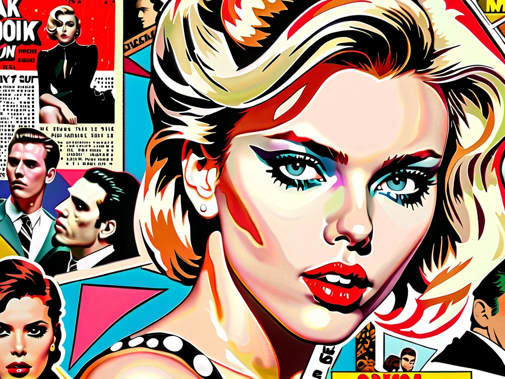 scarlett johansson Punk Collage 1980's rockstar comic book collage on a journal page colorful RGB color