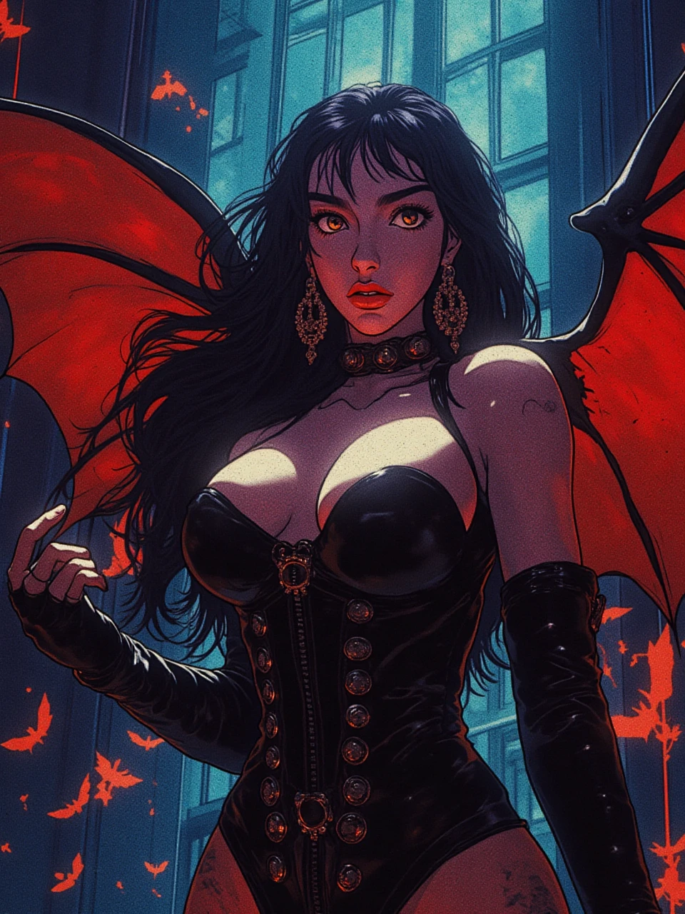 (Best quality, masterpiece, colorful, dynamic angle, highest detailed)Upper body photo, Fashion photography of cute succubus girl, gothic, Big red demon wings (high resolution textures), long green hair, (abstract art), half demon, crimson cat iris, cat eyes, Vampire Very long fangs, (intricate details, hyper detailed:1.15), detailed, moonlight passing through hair, (Official art, extreme detailed, highest detailed), HDR+