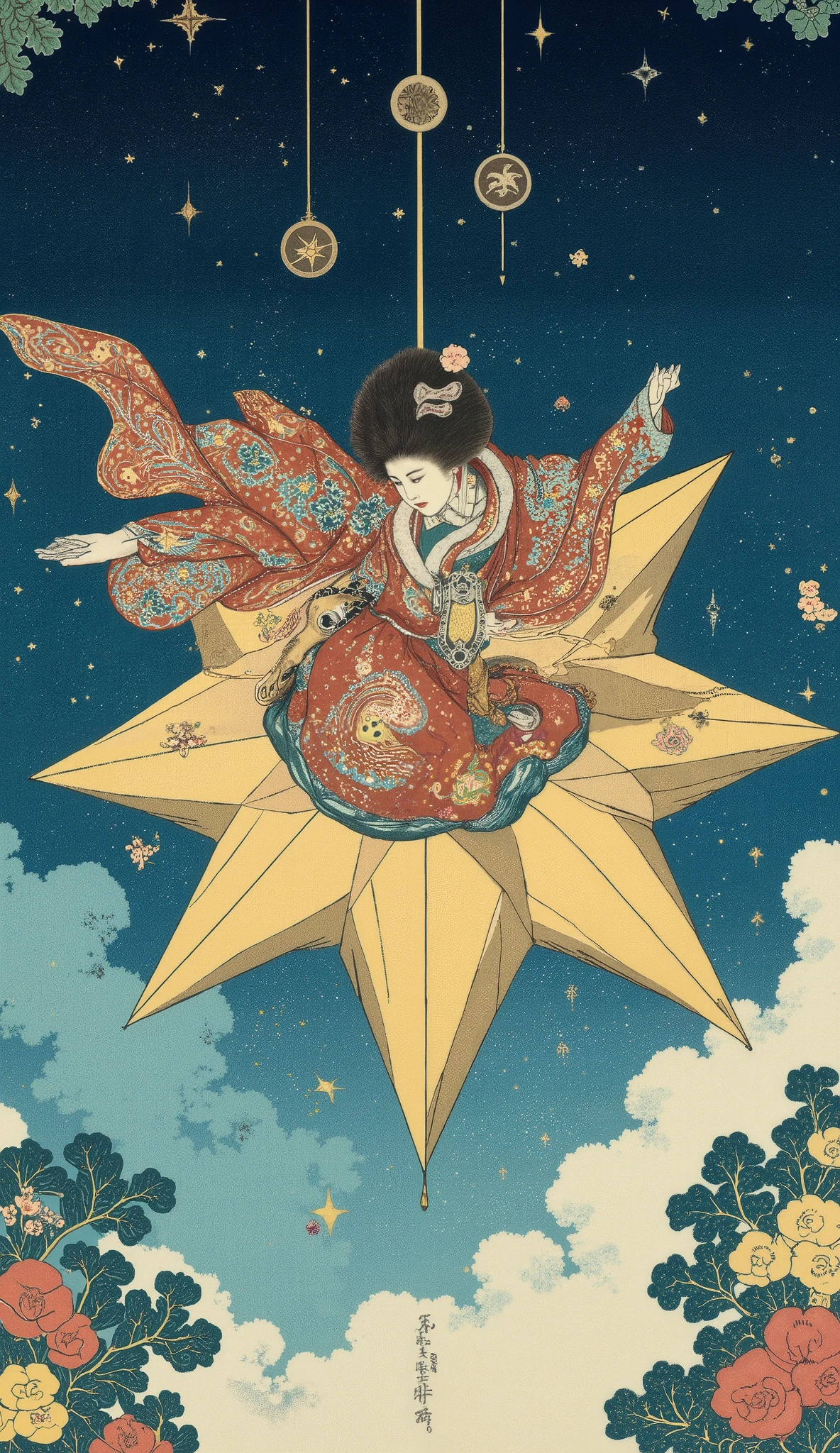  Ukiyo-e ,  kabuki,  kabuki座, Princess Kaguya,  female actor who flies through the sky on a star-shaped vehicle