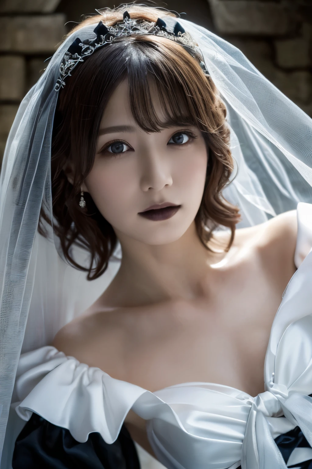 1 girl, ( wearing a gothic wedding dress :1.2), (Veil), A very beautiful portrait of a Japanese singer, ( Lying Down ),
( RAW photos, best quality ), ( realistic, realistic:1.4), (masterpiece),
so delicate and beautiful, VERY DETAILED, 2k wallpaper, amazing, finely, VERY DETAILED CG Unity 8K wallpaper, VERY DETAILED, High Resolution , Soft light,
girl with beautiful details wearing a navy blue blouse, VERY DETAILED目と顔, beautiful and sophisticated nose , beautiful beautiful eyes under the sun, movie lighting,
( Scottish castles:1.3), ( overcast, monotone dark screen standing in an old Scottish castle :1.3), (Thick Fog),
(Short hair), Perfect Anatomy, slender body, ( small breasts), whole body