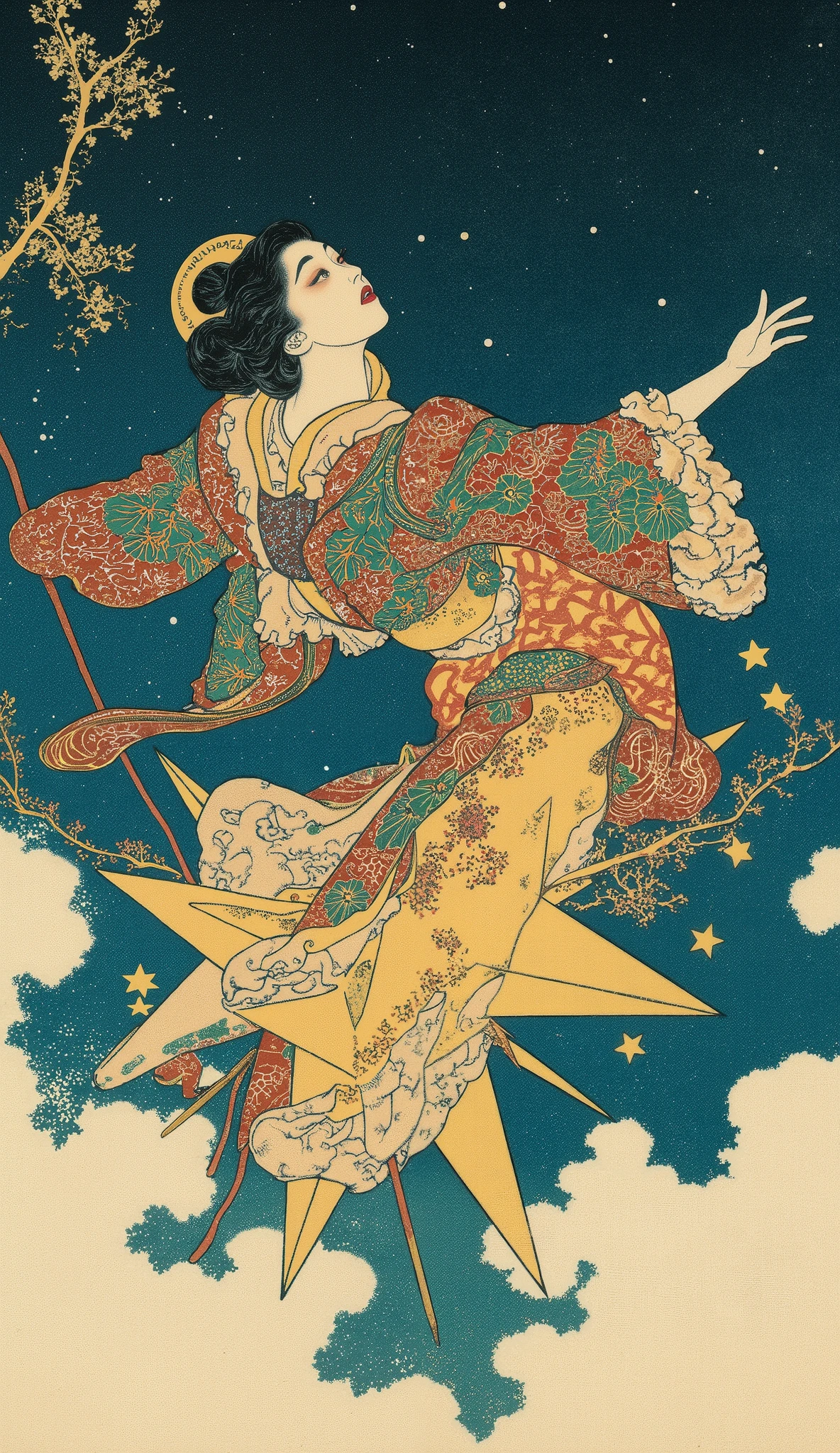  Ukiyo-e ,  kabuki,  kabuki座, Princess Kaguya,  female actor who flies through the sky on a star-shaped vehicle