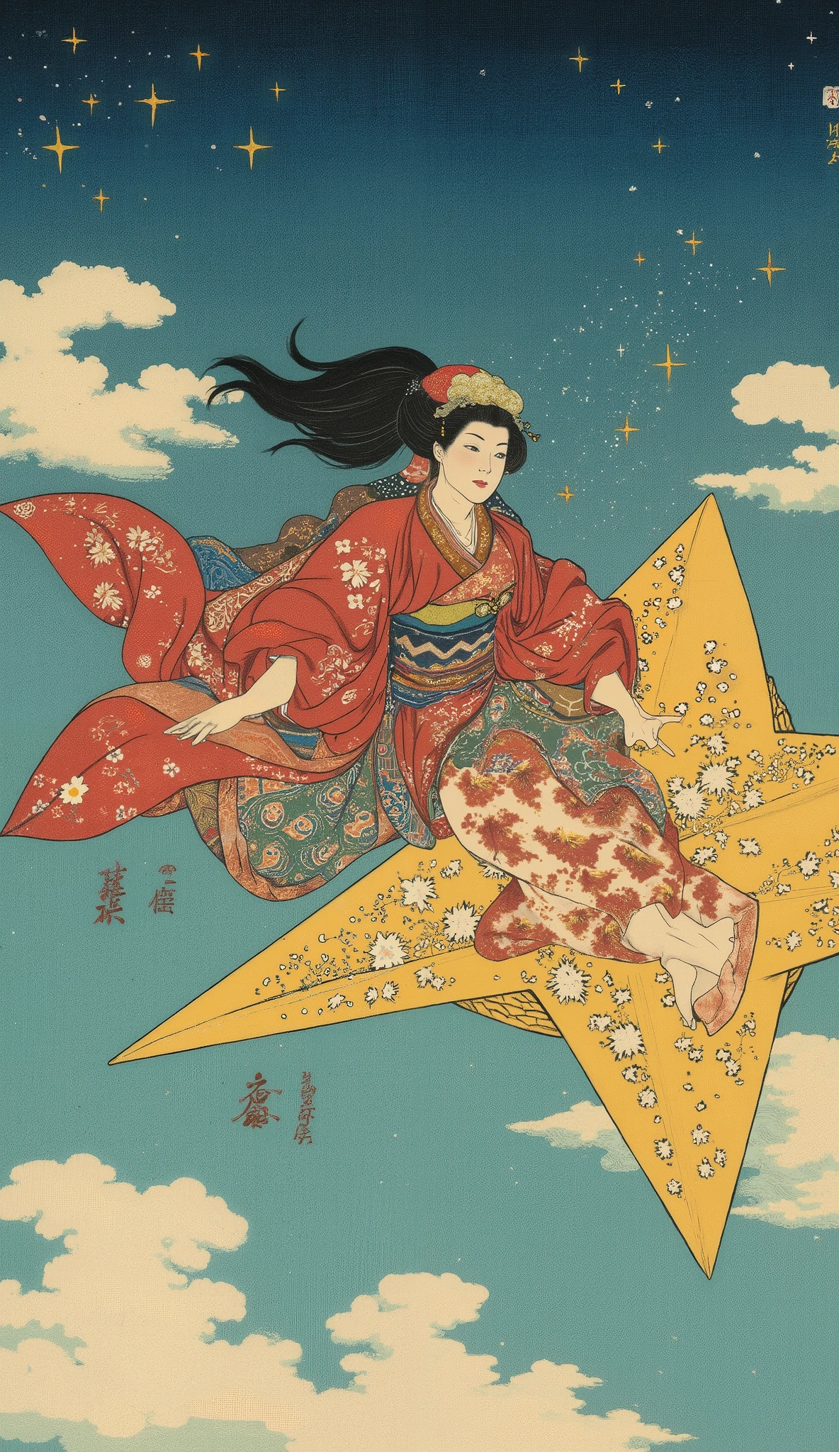  Ukiyo-e ,  kabuki,  kabuki座, Princess Kaguya, Female actor who flies through the sky on a star-shaped vehicle