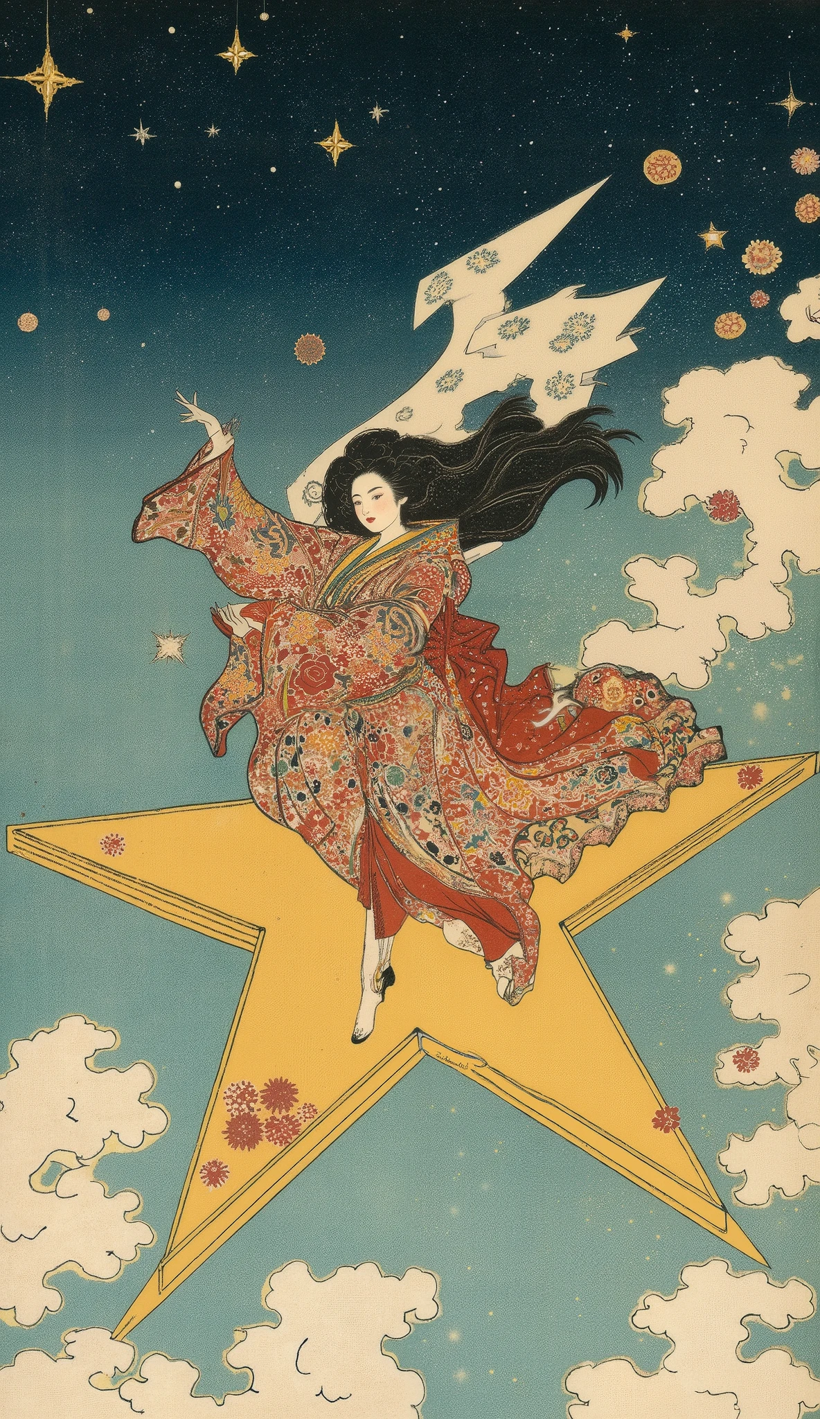  Ukiyo-e ,  kabuki,  kabuki座, Princess Kaguya,  female actor who flies through the sky on a star-shaped vehicle