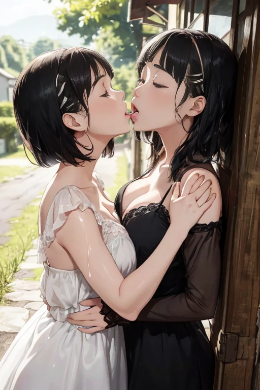top-quality、超A high resolution、 girl2a person、lesbian、embracing each other、Short hair、Dark hair、hair adornments、Kiss to close your eyes、Infant body type、Sleeveless dress、outside of house、Scrinny