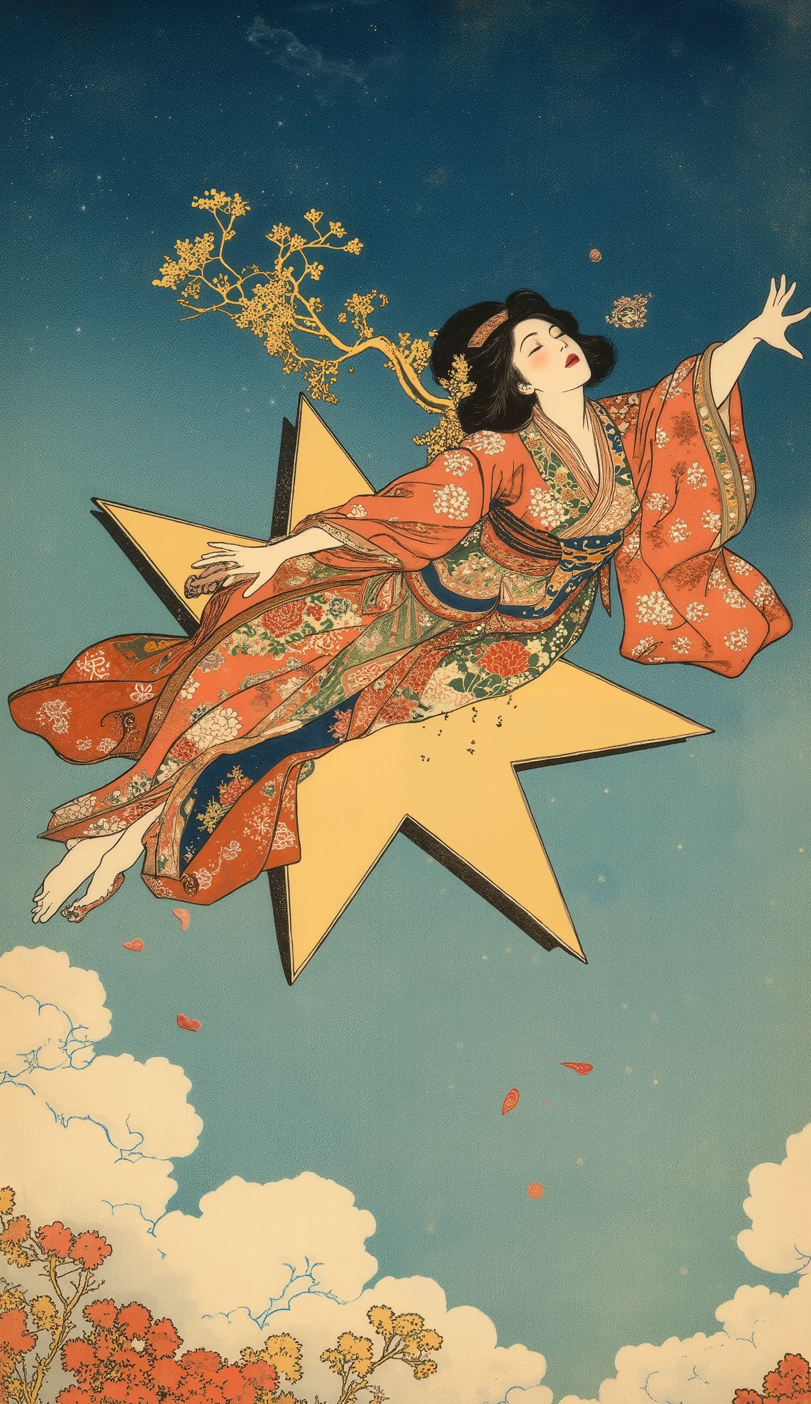  Ukiyo-e ,  kabuki,  kabuki座, Princess Kaguya, Female actor who flies through the sky on a star-shaped vehicle