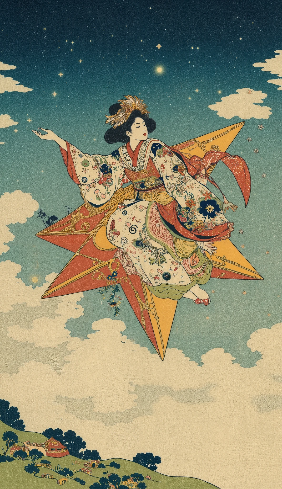  Ukiyo-e ,  kabuki,  kabuki座, Princess Kaguya,  female actor who flies through the sky on a star-shaped vehicle