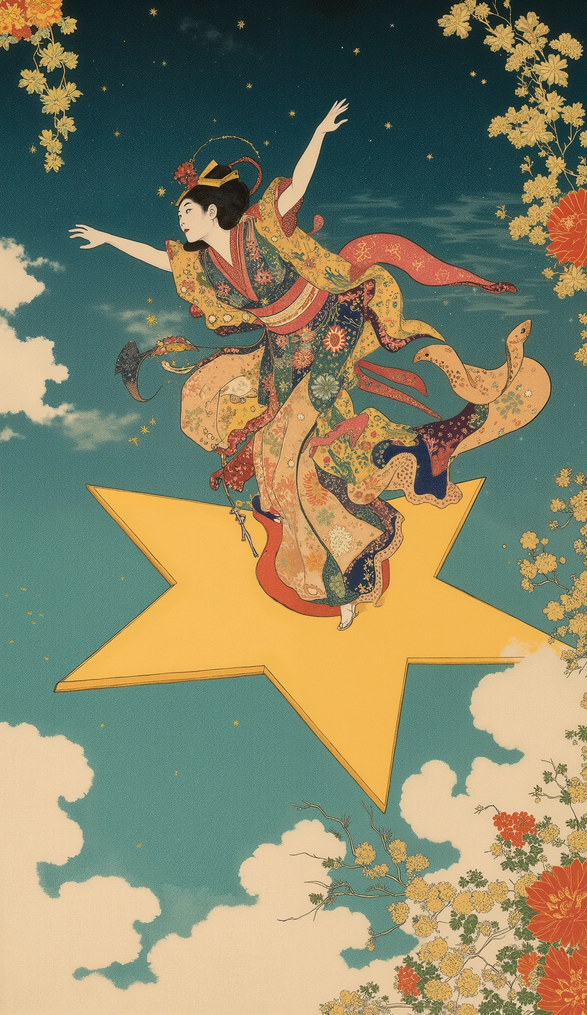  Ukiyo-e ,  kabuki,  kabuki座, Princess Kaguya, Female actor who flies through the sky on a star-shaped vehicle