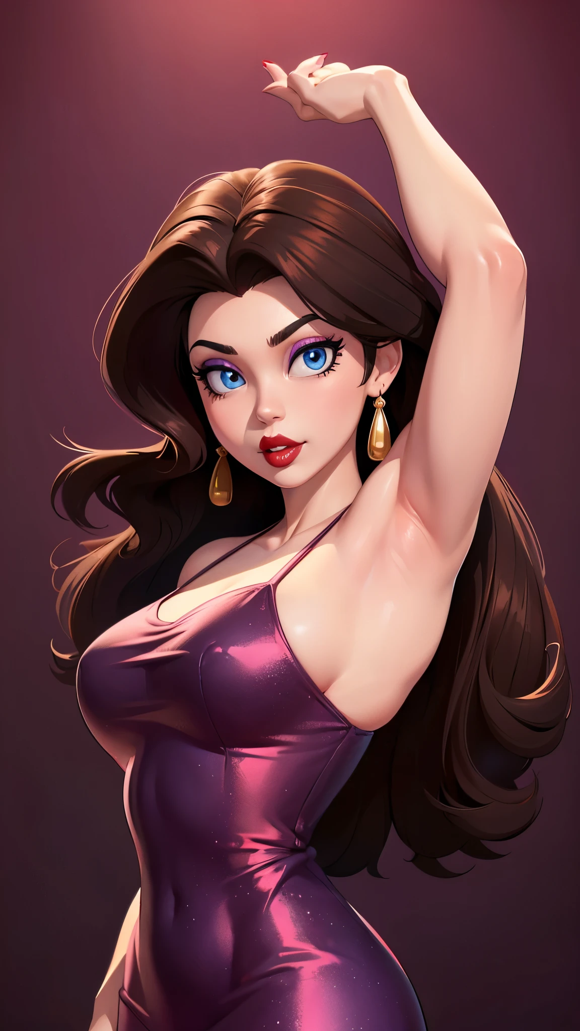 ((high detailed, best quality, 4k, masterpiece, hd:1.3)), ((best quality)), (((HD))), (((8k))), (ultraDH), (ultra HD), blue eyes, BREAK blue eyes, seductive, attractive, smooth anime cg art, 36C breasts, long legs, vivid colors, slim body, perfect skin, brown hair, long hair, light hair, brown hair, cleavage, 36C cleavage, looking at viewer, BREAK looking at viewer, extremely detailed face, earrings, gem, dark blue makeup lips, dark gothic eyeshadows, dark eyeshadows, white eyeshadows, red sexy lips, dark lips, very dark lips, (perfect hands, perfect anatomy), light makeup, red medium lips, red thick lips, detailed fingers, five fingers per hand, 5 fingers, (1 girl), detailed lips, detailed red lips, red painted lips, gothic painted lips, (breast focus), (arms outstreched:1.2), (from above:1.1), (breasts out:1.3), (off shoulder:1.1),