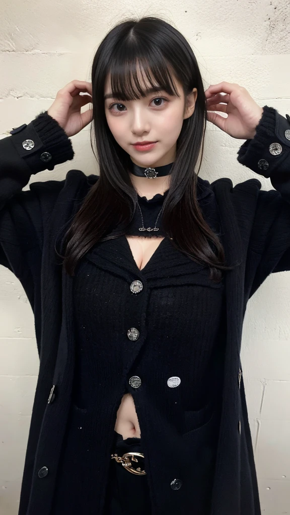 With bangs,Beautiful dark-haired, Straight Medium Bob Cut Women ,,, 21 year old woman,((())),Aspacarina,(( Embarrassed Expression)),huge breasts,, very beautiful eyes, ,((( wearing a ragged black coat ))),( white sweater, choker ),(make:1.4), big eyes, Hip-Hop Dancer ,Gangster Style  long pants,8k, High Resolution ,Gangster Style ,(Upper body photo:1.5)