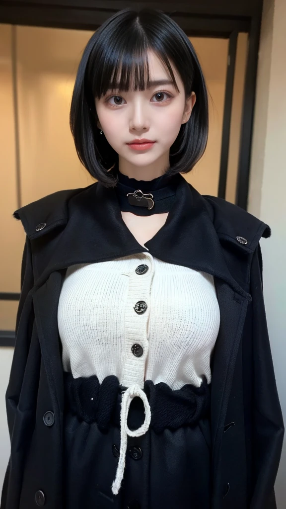 With bangs,Beautiful dark-haired, Straight Medium Bob Cut Women ,,, 21 year old woman,((())),Aspacarina,(( Embarrassed Expression)),huge breasts,, very beautiful eyes, ,((( wearing a ragged black coat ))),( white sweater, choker ),(make:1.4), big eyes, Hip-Hop Dancer ,Gangster Style  long pants,8k, High Resolution ,Gangster Style ,(Upper body photo:1.5)