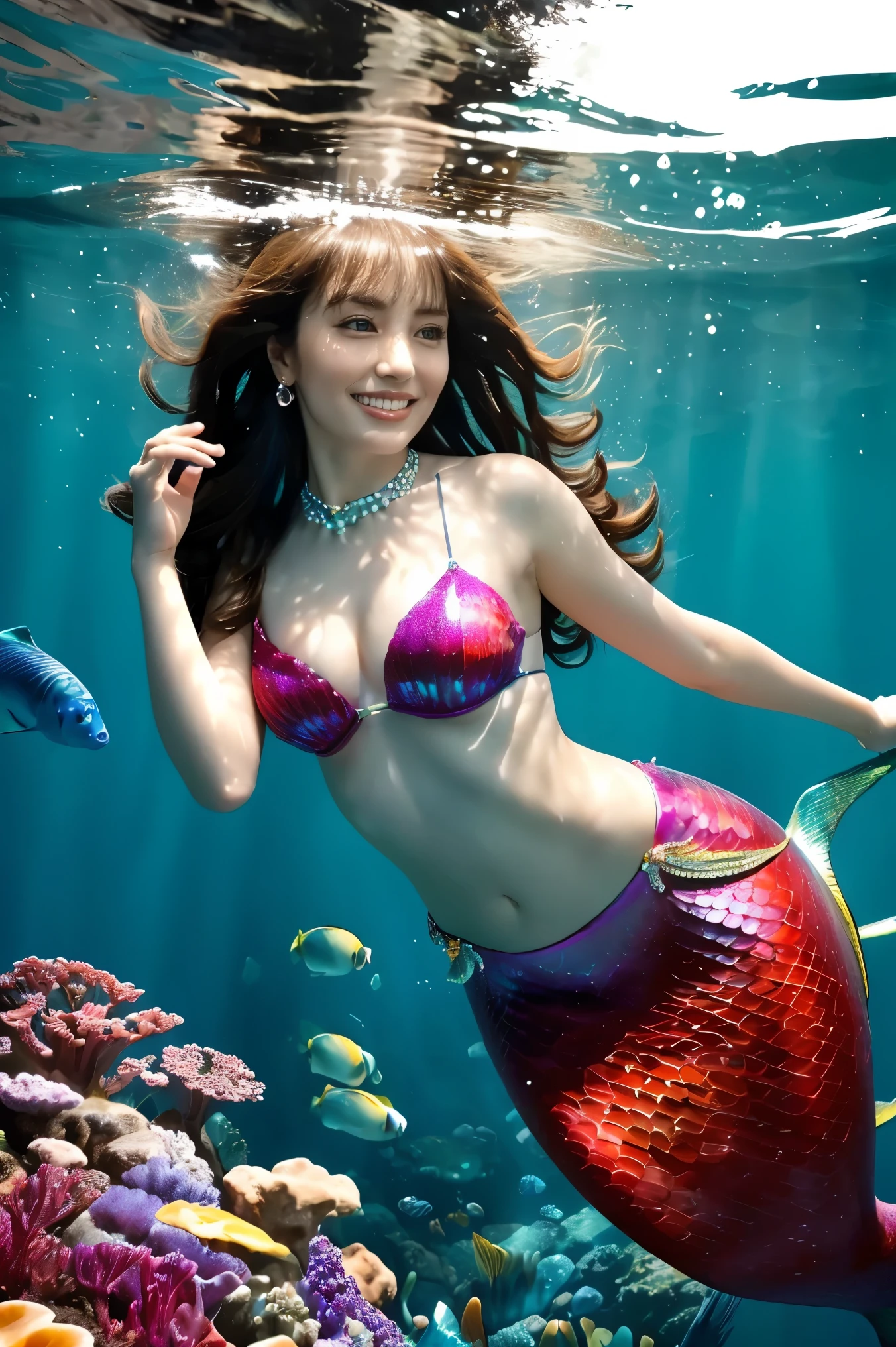 (((Little Mermaid,mermaids,Beautiful scales that shine fantastically,Realistic scale,Pearls and jewel-encrusted scales,Half-fishman,A dark-haired,japanes))),(((The whole body is shown,Her whole body,Photograph the whole body,Mermaid's tail,The tail is also in the picture.,The whole body is shown,Mermaid Princess,Princess,Japan Little Mermaid,Sparkling Big Tiara,Wearing a tiara,,Lots of gems,glitter makeup,Gorgeous and large necklace,princess necklace,Gorgeous earrings,Gorgeous bangles,Bra with scales,The boundary between humans and fish is a gradation of scales and skin color,Realistic gradients of scale and skin tone,segment々Transformation of scales into a flesh color))),((Graceful and beautiful,Shining water,She is swimming in the sea,swimming through the ocean,Swim dynamically,Her whole body is visible)),(((There are many beautiful sea creatures in the background,Lots of coral and tropical fish,beautiful corals,Beautiful fish,Under the sea, Lots of tropical fish,Sunlight shines in, shining water surface,Glittering Sea,Deep sea,The sea is deep,Hair swaying in the water,There are sea creatures,)))((A detailed face,face perfect,beautiful smiling face,Big smile,Quality and beautiful face,,Perfect fingers,Perfect hands,Accurate five-finger,Smile at the camera's gaze,Perfect gas chamber,perfect white teeth,Clean teeth,Precise teeth,Colossal tits,large full breasts))((The background is a fantastic sea,The sea sparkles like a jewel,Detailed sea, Fine shine,Glittering Sea,Glittering background))closer, slim figure, femele, long,Beautiful sunshine,a junior high school student,realskin, glistning skin,pretty skin,masutepiece, in 8K, Beautiful, realisitic,（highdetailskin：1.2），8K Ultra HD， Digital SLR, hightquality, hight resolution,1girll，Beautiful expression，((The most beautiful composition she))