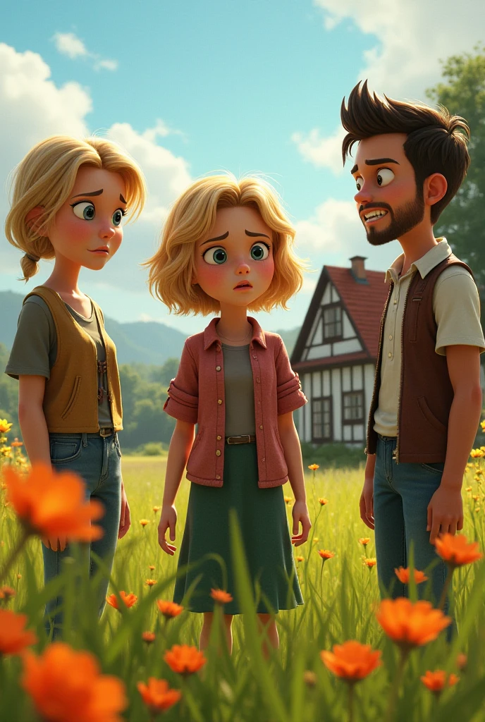 Here's the scene rewritten in English:

"The medium height, medium build white man with black short curly hair, white skin, brown eyes, and a goatee is wearing a yellow dress shirt, white pants, and blue sneakers. He is standing at the church's entrance, speaking with his mother, a short woman with medium-length blonde hair, wearing a red dress. Next to her is a white man with straight hair, wearing denim shorts and a red cap. The three of them are in the peaceful garden, engaged in a warm conversation as the evening light gently filters through the trees." Realistic Photography 