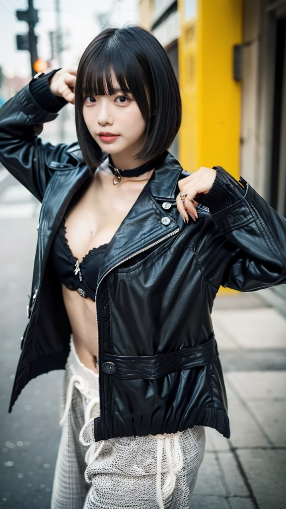 top-quality、超A high resolution、(Photorealsitic:1.4)、女の子1人、(bath room:1.3)、open buttons、(Chest wide open:1.0)、(A dark-haired:1)、Longhaire、(huge-breasted:1.0)、looking at viewert、(cleavage of the breast:1.0)、(Black leather riders jacket:1.5)