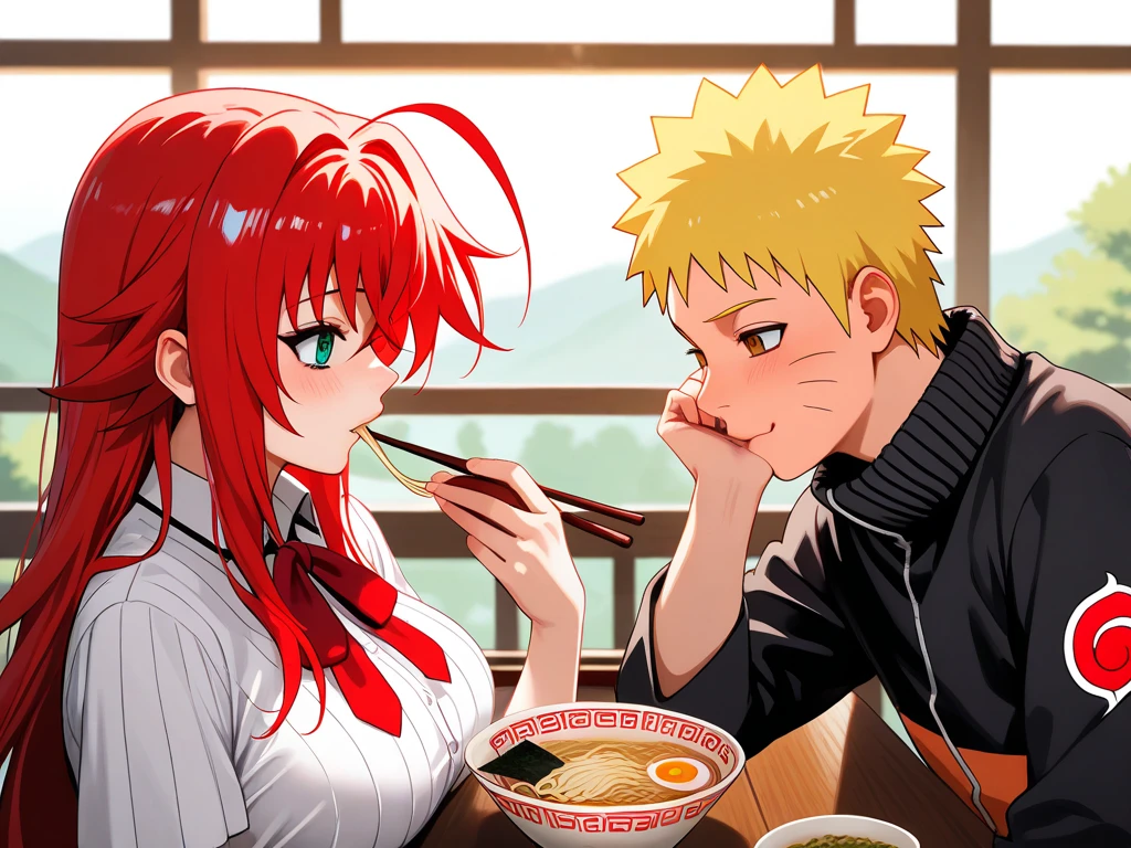  high resolution image,  masterpiece,  Better Quality ,  amazing quality ,  Naruto Uzumaki  ,  Rias Gremory  , couple, love , romance ,  Rias Gremory wearing the high school uniform dxd , Naruto y Rias eating ramen juntos , bowls of ramen  , eating ramen , Naruto from the Shippuden saga 