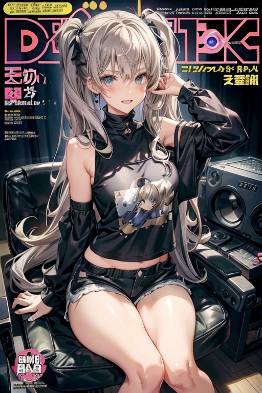 (masterpiece), (best quality), detailed, a otaku girl, soro, twintails, long wavy hair twintails.hairs between eyes,dark green eyes ,dark green hair, smile, masterpiece, best quality, newest, (from below:1.2),(perky chest:1.2), (pointed chest:1.2),(from below:1.2,Best Quality),a girl , platinum color hair、bartender uniform,Purplish blue eyes that dreamers desire, ((Otaku girl)),gloomy, messy hair, hair over eyes, long hair, blushing face,armpits hair, (harf sleeve t-shirt),shorts, sitting on gaming chair, dirty room,playing PC-game,small breasts, skinny,open mouth, (otaku game magazine cover:1.3),(with sparkling eyes and a contagious smile),her thin pubic hair:1.2, looking at viewer
