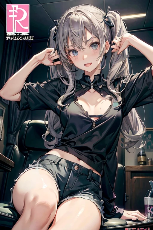 (masterpiece), (best quality), detailed, a otaku girl, soro, twintails, long wavy hair twintails.hairs between eyes,dark green eyes ,dark green hair, smile, masterpiece, best quality, newest, (from below:1.2),(perky chest:1.2), (pointed chest:1.2),(from below:1.2,Best Quality),a girl , platinum color hair、bartender uniform,Purplish blue eyes that dreamers desire, ((Otaku girl)),gloomy, messy hair, hair over eyes, long hair, blushing face,armpits hair, (harf sleeve t-shirt),shorts, sitting on gaming chair, dirty room,playing PC-game,small breasts, skinny,open mouth, (otaku game magazine cover:1.3),(with sparkling eyes and a contagious smile),her thin pubic hair:1.2, looking at viewer
