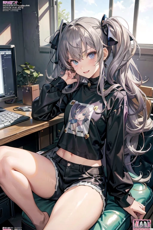 (masterpiece), (best quality), detailed, a otaku girl, soro, twintails, long wavy hair twintails.hairs between eyes,dark green eyes ,dark green hair, smile, masterpiece, best quality, newest, (from below:1.2),(perky chest:1.2), (pointed chest:1.2),(from below:1.2,Best Quality),a girl , platinum color hair、bartender uniform,Purplish blue eyes that dreamers desire, ((Otaku girl)),gloomy, messy hair, hair over eyes, long hair, blushing face,armpits hair, (harf sleeve t-shirt),shorts, sitting on gaming chair, dirty room,playing PC-game,small breasts, skinny,open mouth, (otaku game magazine cover:1.3),(with sparkling eyes and a contagious smile),her thin pubic hair:1.2, looking at viewer
