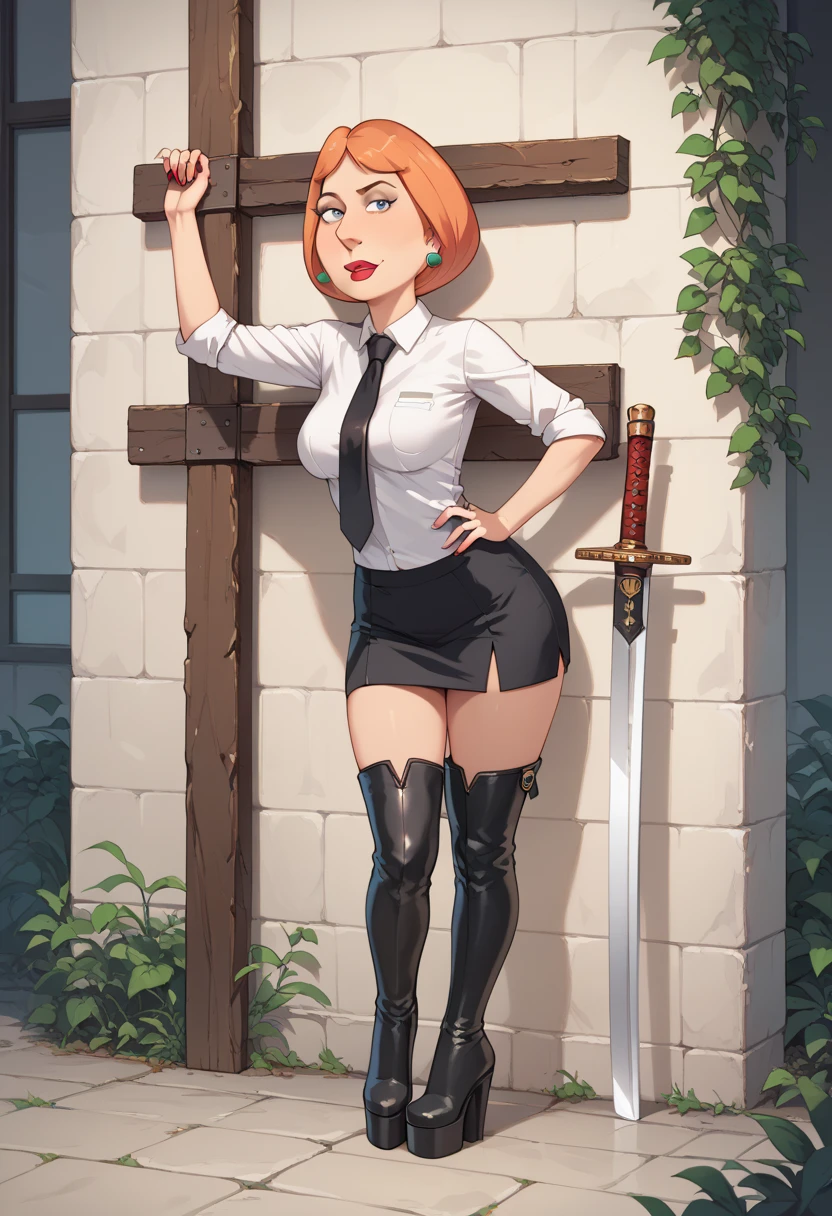 Lois griffin. Sexy, pechos grandes, trasero grande, Emotional Photos, 35mm film, Black short hair, Platform thigh boots, white shirt, black tie, Stockings, Standing, A Japanese sword is stuck into the ground, 